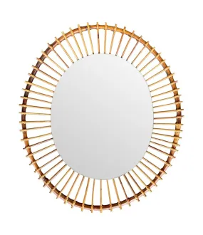 A 1970s Italian oval pencil reed bamboo mirror with original mirror plate fixed with brass circular fittings