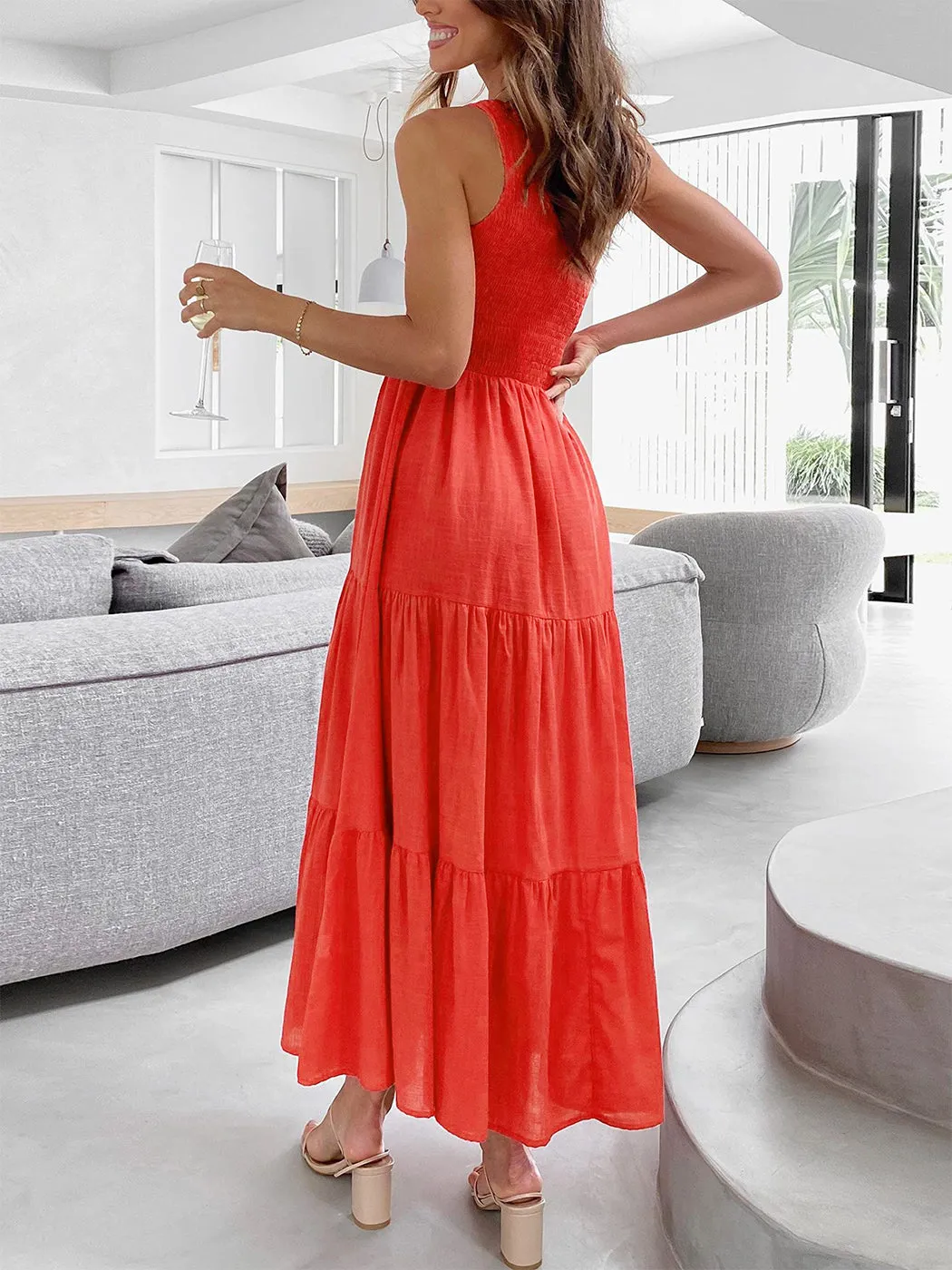 Anna-Kaci Women Boho Summer One Shoulder Sleeveless Smocked Flowy Tiered Beach Party Maxi Dress