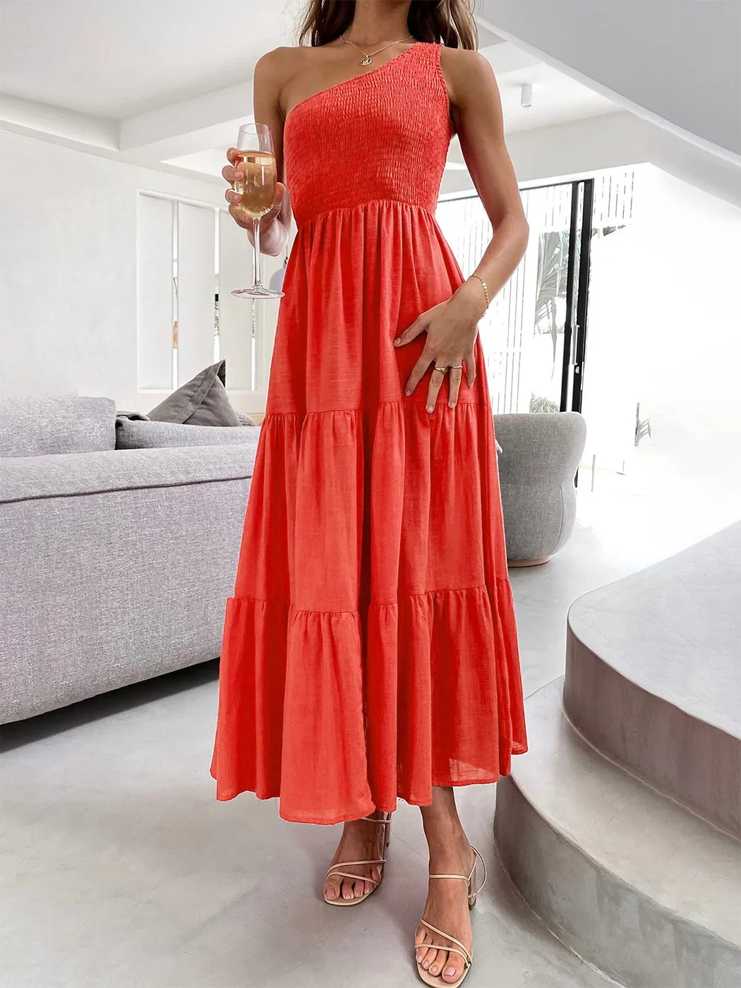 Anna-Kaci Women Boho Summer One Shoulder Sleeveless Smocked Flowy Tiered Beach Party Maxi Dress