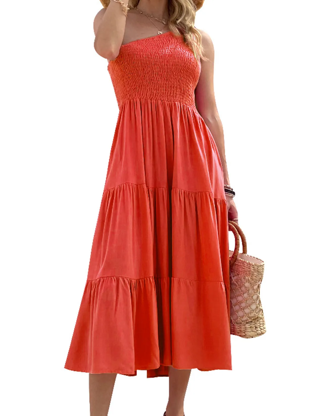 Anna-Kaci Women Boho Summer One Shoulder Sleeveless Smocked Flowy Tiered Beach Party Maxi Dress