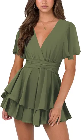 Army Green Womens Sexy V Neck Long Baggy Sleeve Tie Waist Ruffle Hem Flowy Swing Mini Short Wrap Dress - Nova In Sky