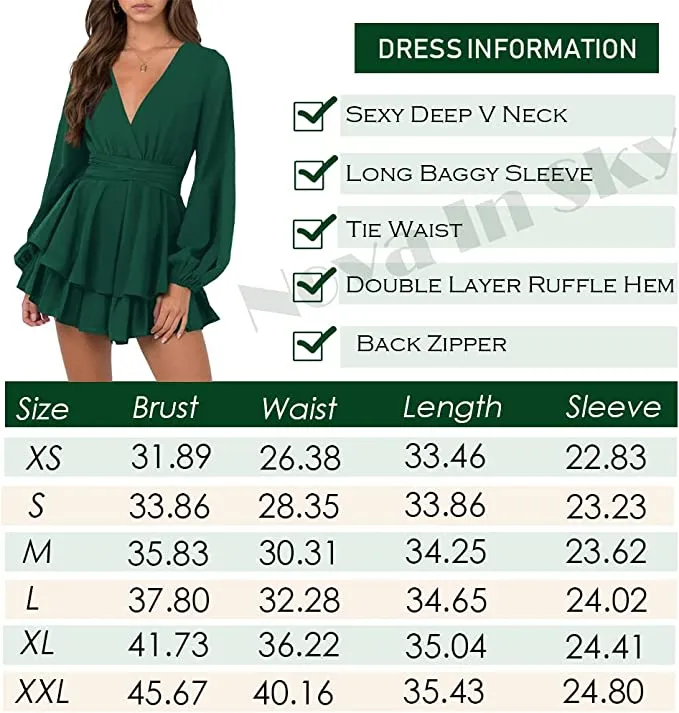 Black Plaid Womens Sexy V Neck Long Baggy Sleeve Tie Waist Ruffle Hem Flowy Swing Mini Short Wrap Dress - Nova In Sky