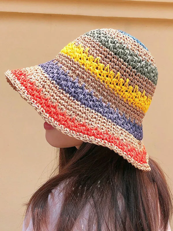 Blue Zone Planet |  Braided straw hat rainbow fisherman hat big brim sun hat outdoor beach sun sun hat