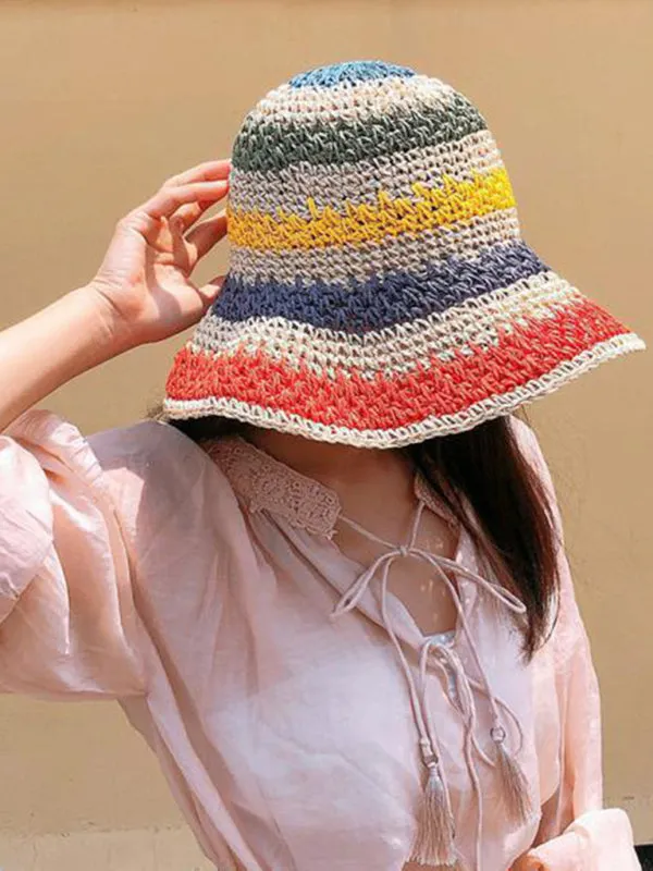 Blue Zone Planet |  Braided straw hat rainbow fisherman hat big brim sun hat outdoor beach sun sun hat