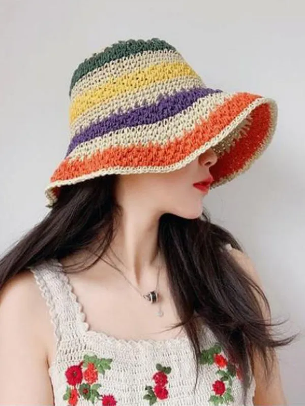 Blue Zone Planet |  Braided straw hat rainbow fisherman hat big brim sun hat outdoor beach sun sun hat