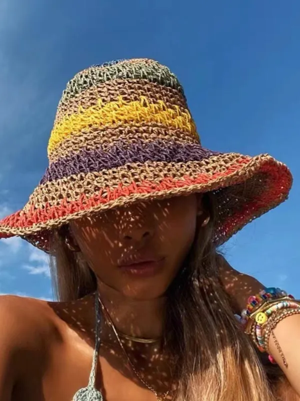 Blue Zone Planet |  Braided straw hat rainbow fisherman hat big brim sun hat outdoor beach sun sun hat