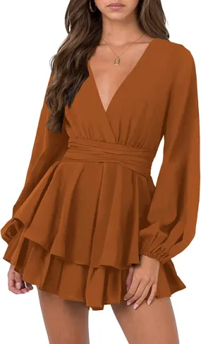 Brown Womens Sexy V Neck Long Baggy Sleeve Tie Waist Ruffle Hem Flowy Swing Mini Short Wrap Dress - Nova In Sky