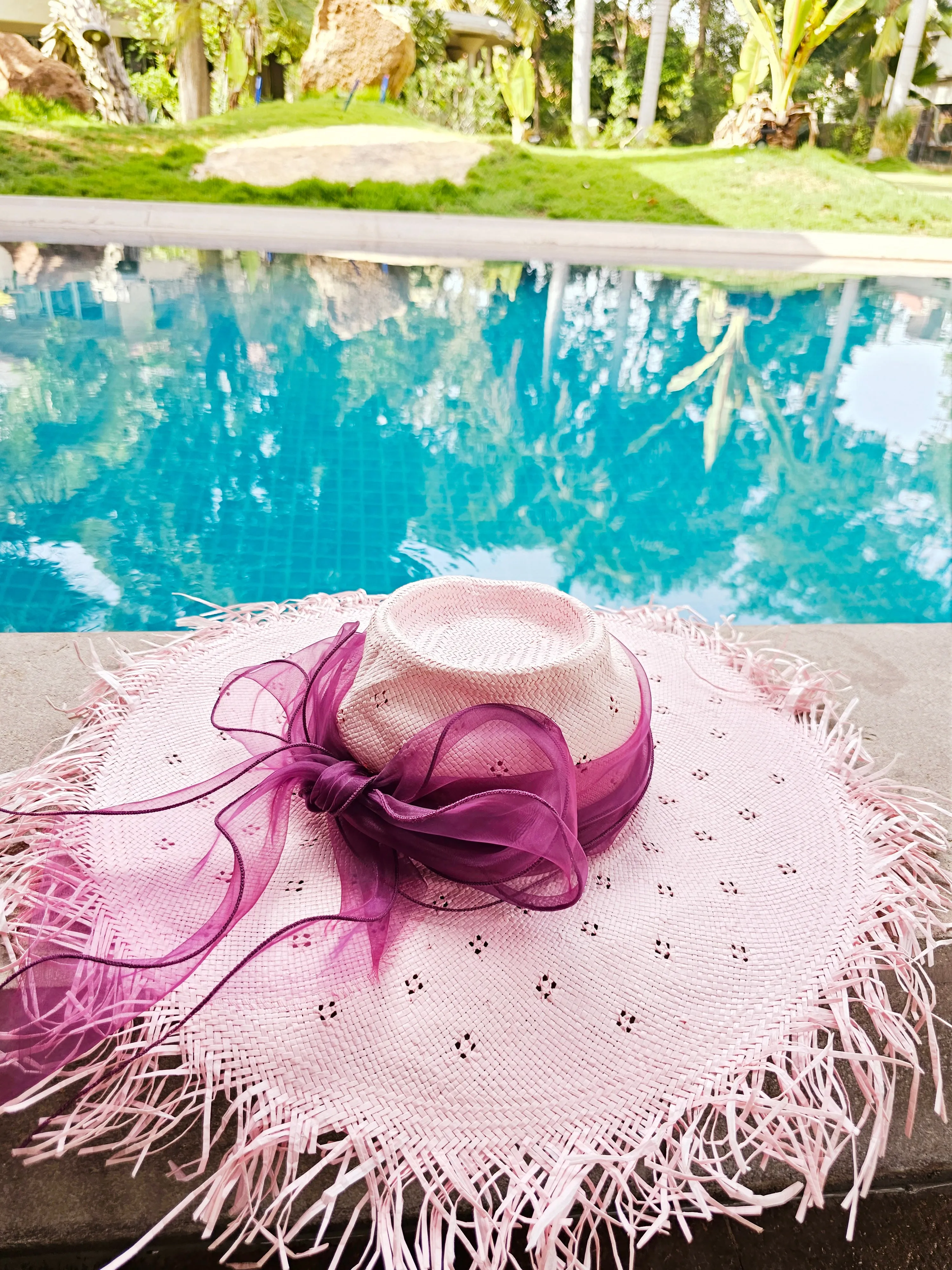 Finley - Flowy pink with purple bow sun hat