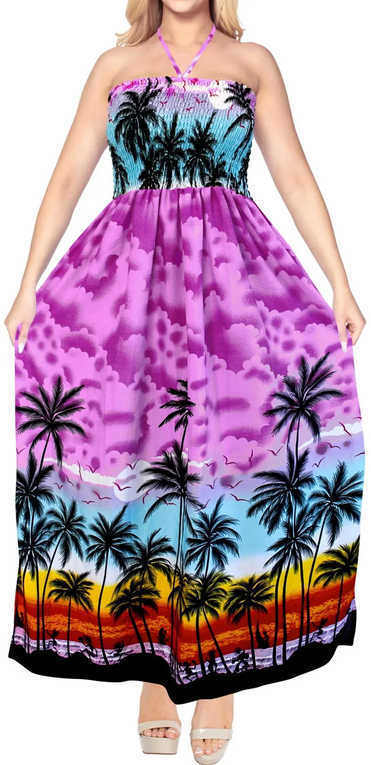 LA LEELA Long Maxi Seashore Sunset Print Halter Neck Tube Dress For Women Palm Tree Beachy Vibes Summer Vacation Beach Cruise Party Outfit Ladies