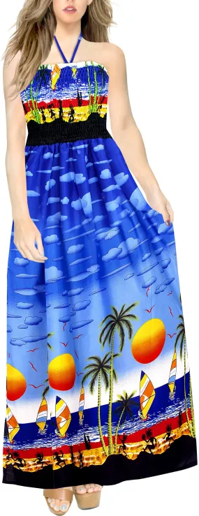 LA LEELA Long Maxi Seashore Sunset Print Halter Neck Tube Dress For Women Palm Tree Beachy Vibes Summer Vacation Beach Cruise Party Outfit Ladies