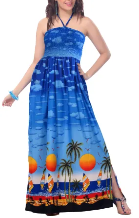 LA LEELA Long Maxi Seashore Sunset Print Tube Dress For Women Palm Tree Beachy Vibes Summer Vacation Beach Party Outfit Ladies