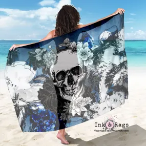 Large Sheer Abstract Blue Flower Skull Scarf, Sarong, Shawl