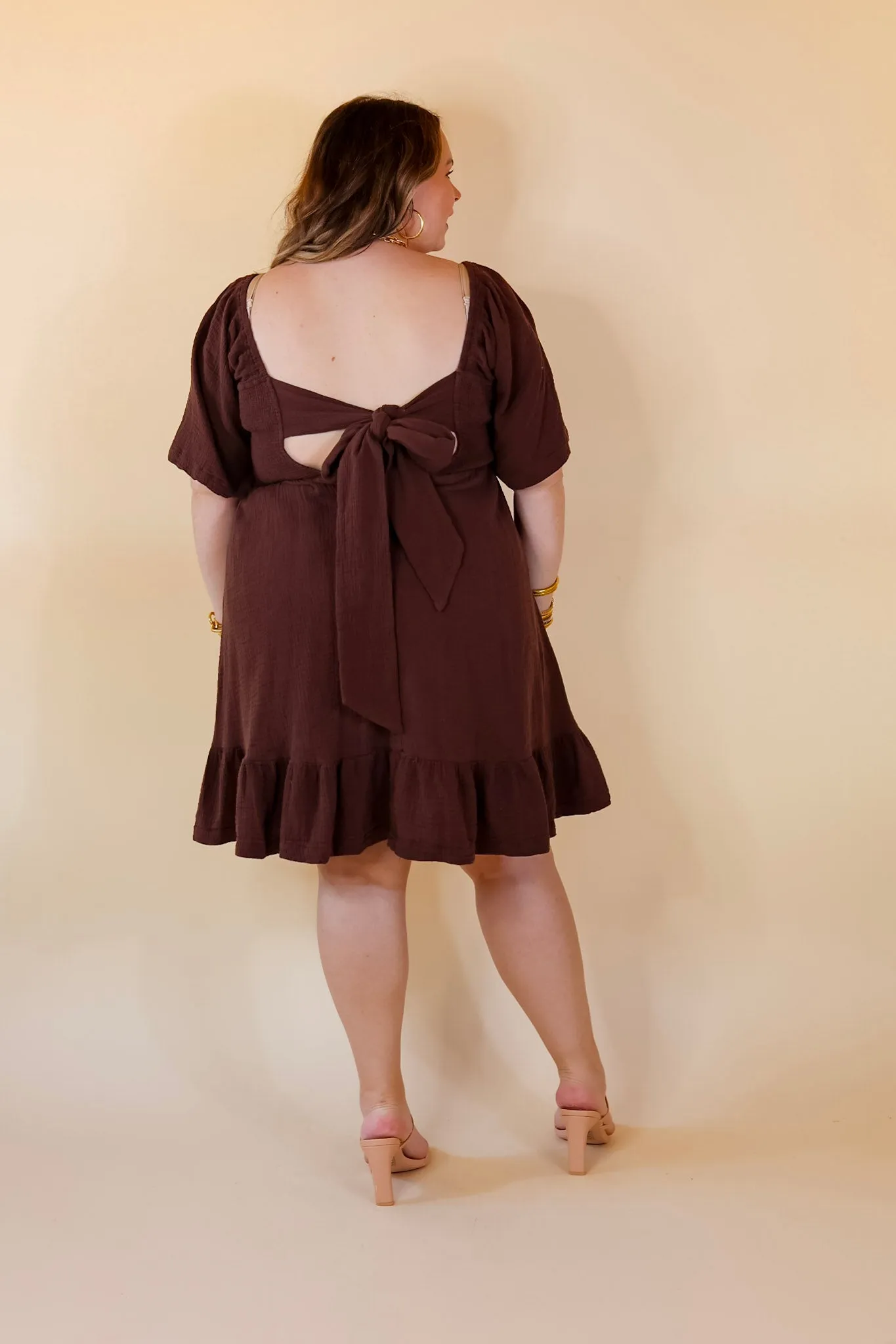 Last Chance Size Medium | Sugary Sweet Smocked Bodice Dress with Ruffle Hem in Brown