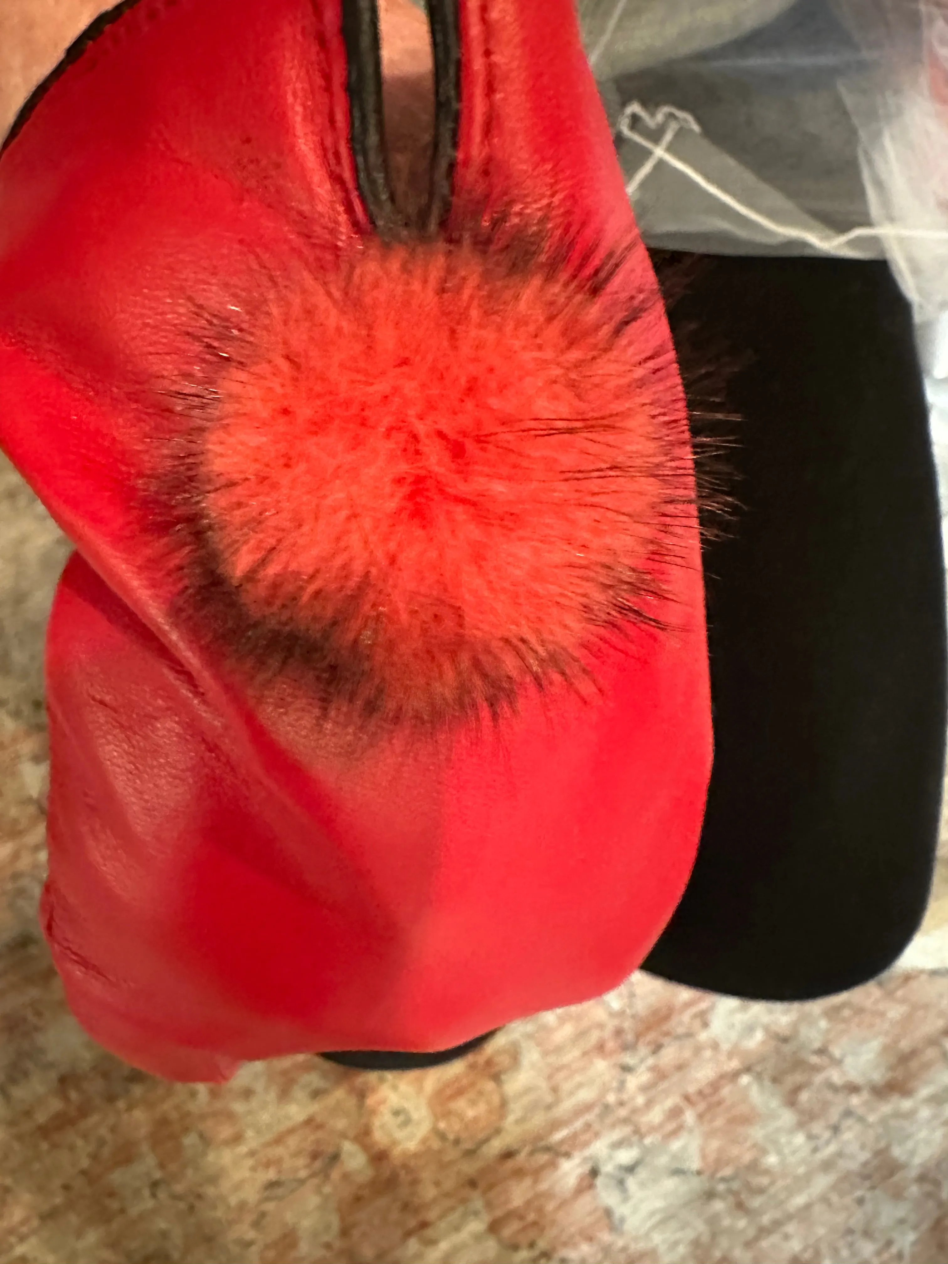 Leather Gloves with Fur Poms Red