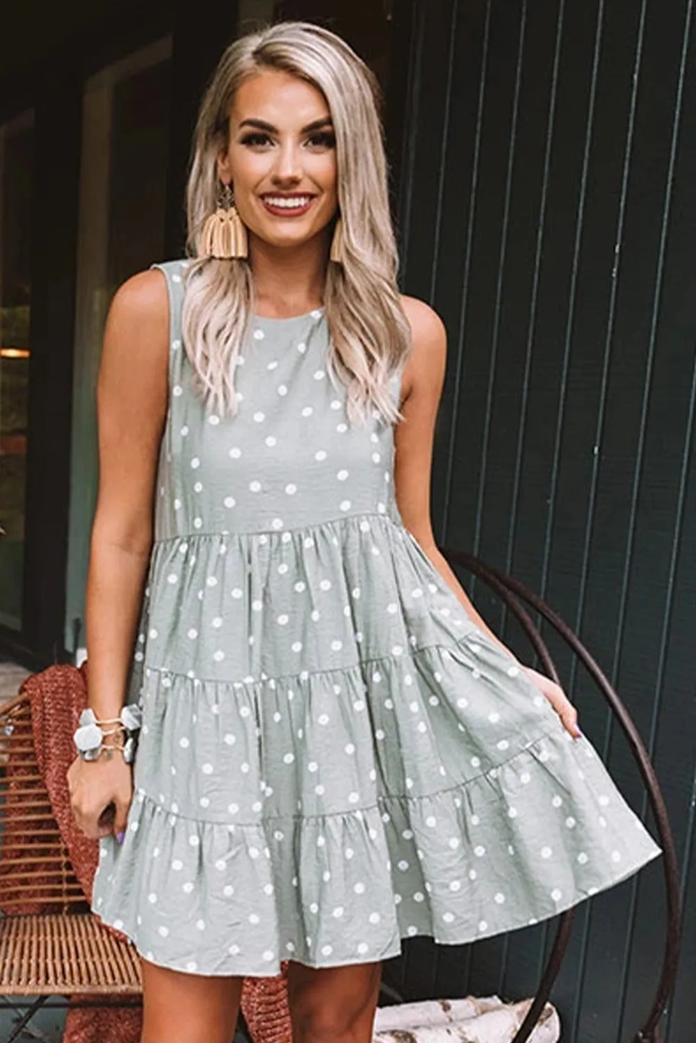 Polka Dot Sleeveless Ruffle Flowy Dress