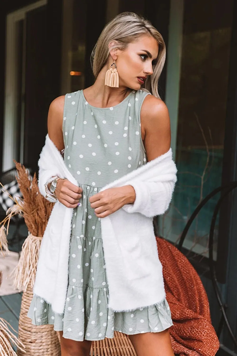 Polka Dot Sleeveless Ruffle Flowy Dress