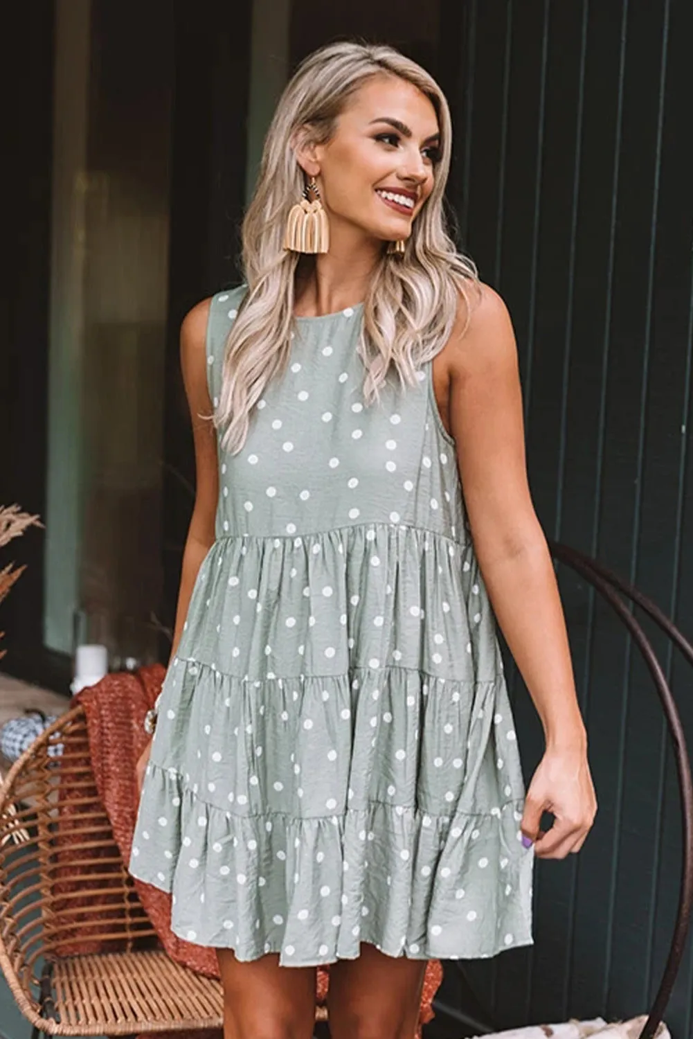 Polka Dot Sleeveless Ruffle Flowy Dress