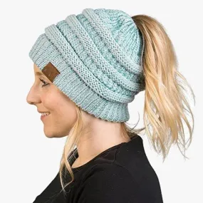 Ponytail Beanie Messy Bun Women's Beanie Solid Ribbed Hat Cap