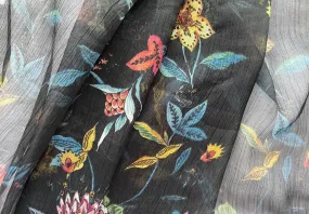 Semi-Sheer Scattered Day Lilies Crinkled Polyester Chiffon (Made in Italy)