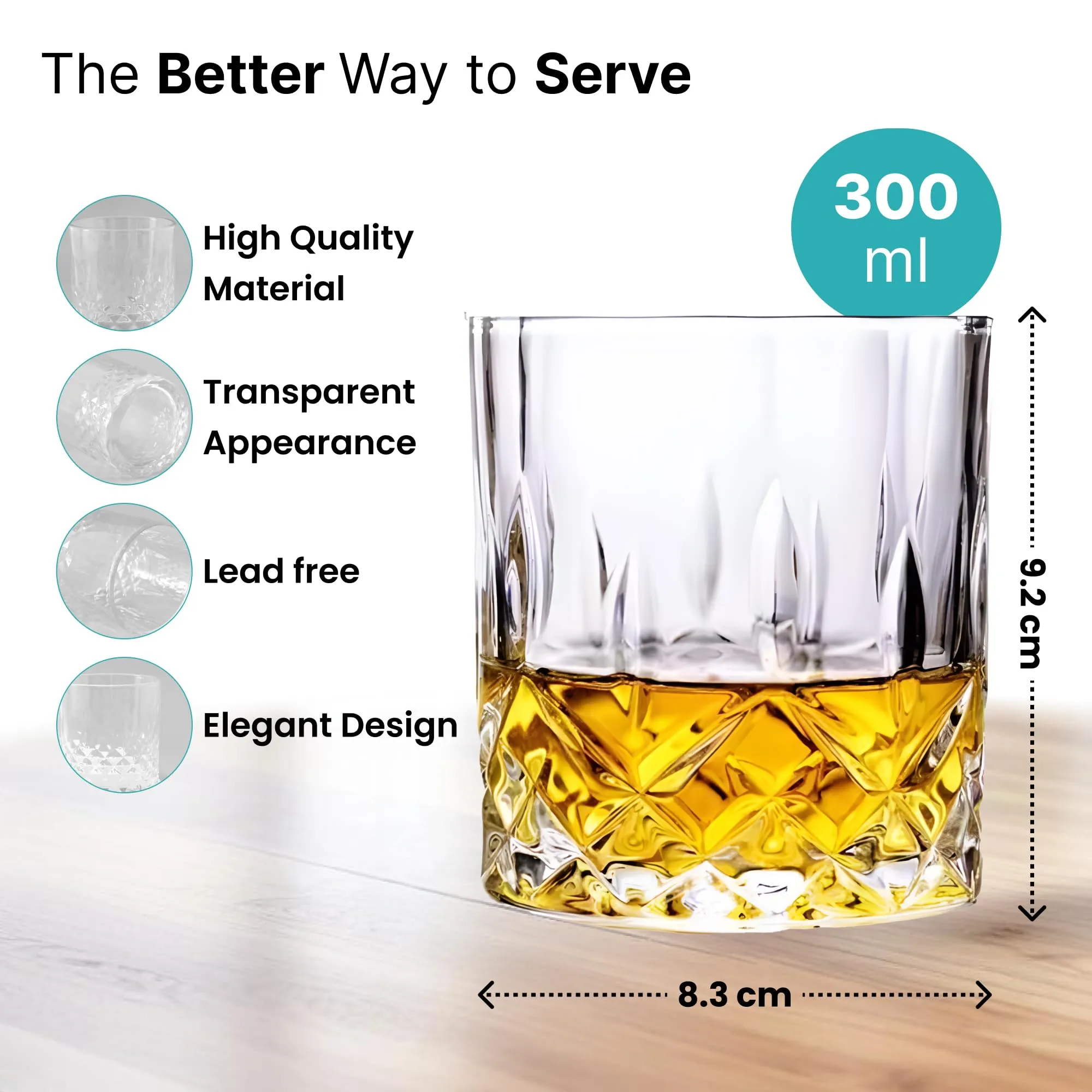 The Better Home Zest Whiskey Glasses Set of 4 (300ml Each) | Lead Free Whiskey Glass | Crystal Glass for Bar Home | Glass for Drinks | Cocktail Glasses | Highball Glass | Heavy Bottom Drinking Glass