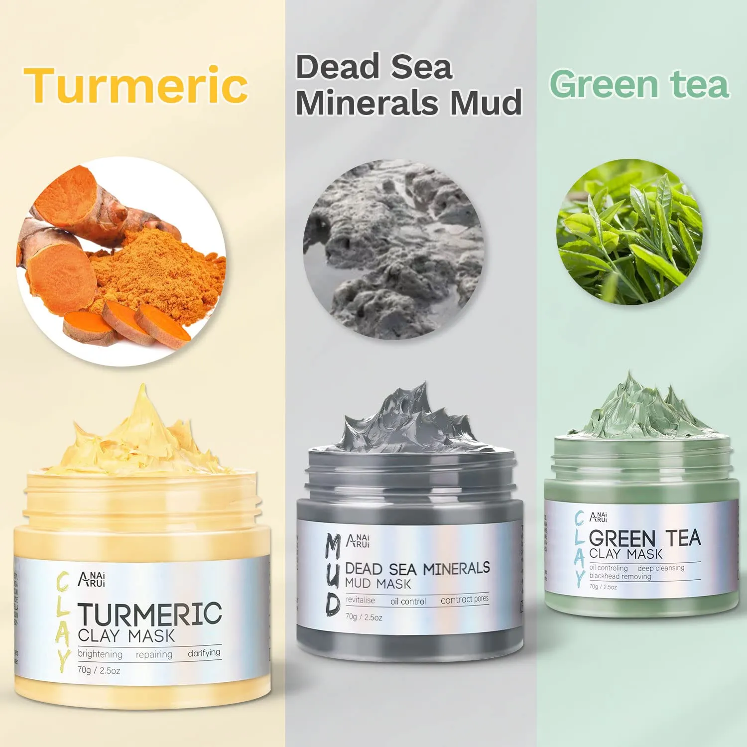 Turmeric Clay Mask, Green Tea and Dead Sea Minerals, Spa Facial Mask Set 2.5 oz each