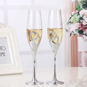 Wedding Silver Crystal Heart Stem Glasses for Bridal Couple