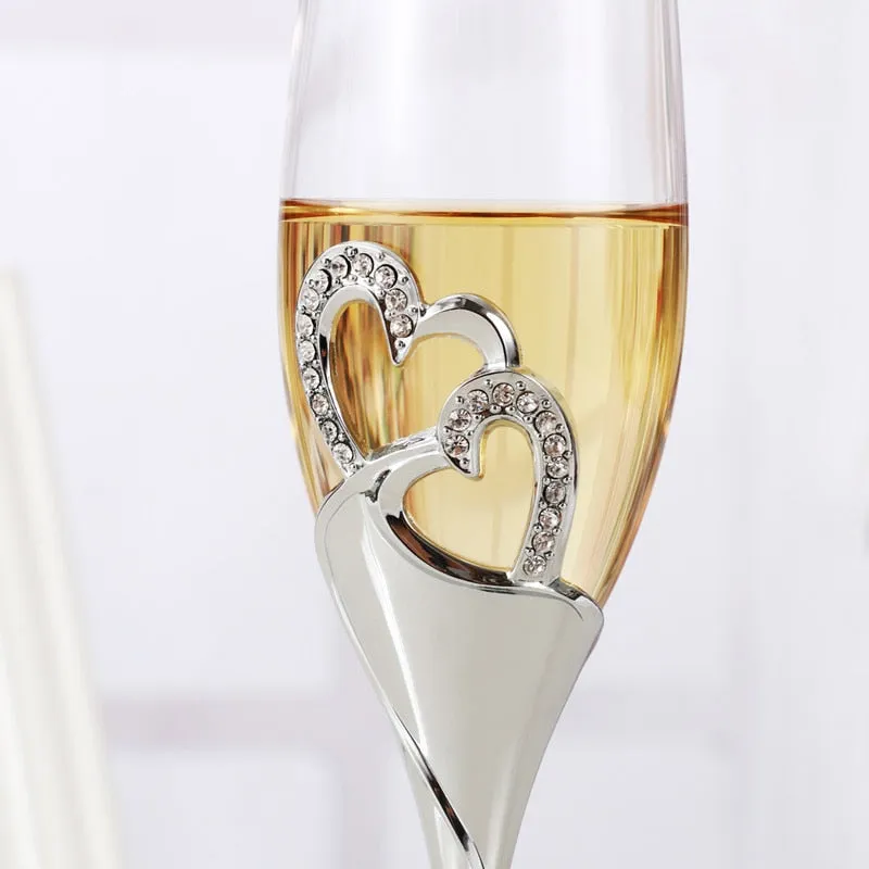 Wedding Silver Crystal Heart Stem Glasses for Bridal Couple