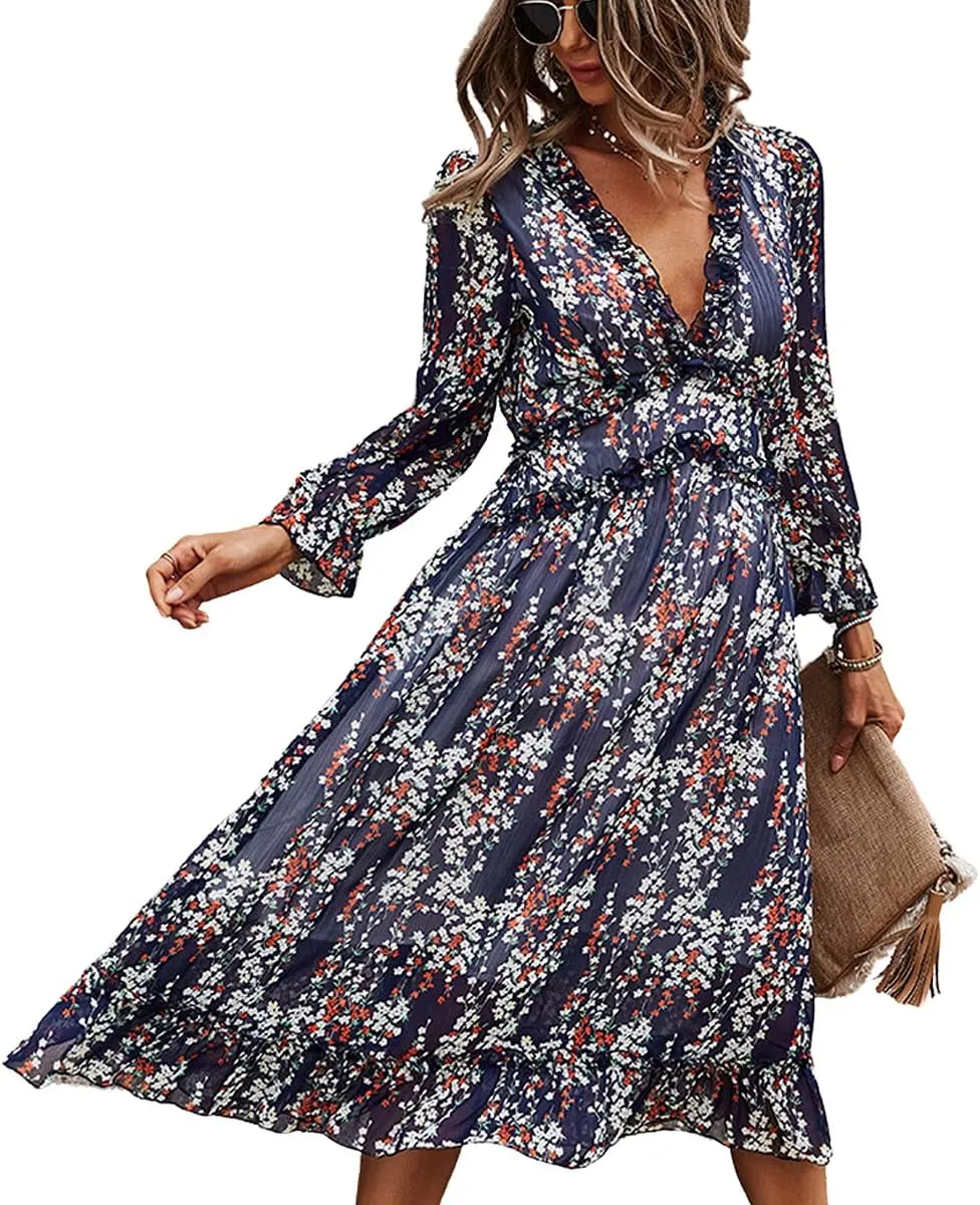 Womens Fall Spring Summer Sexy V Neck Ruffle Long Sleeve Short Sleeve Floral Print a Line Long Midi Dress