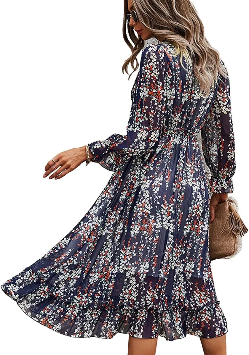 Womens Fall Spring Summer Sexy V Neck Ruffle Long Sleeve Short Sleeve Floral Print a Line Long Midi Dress