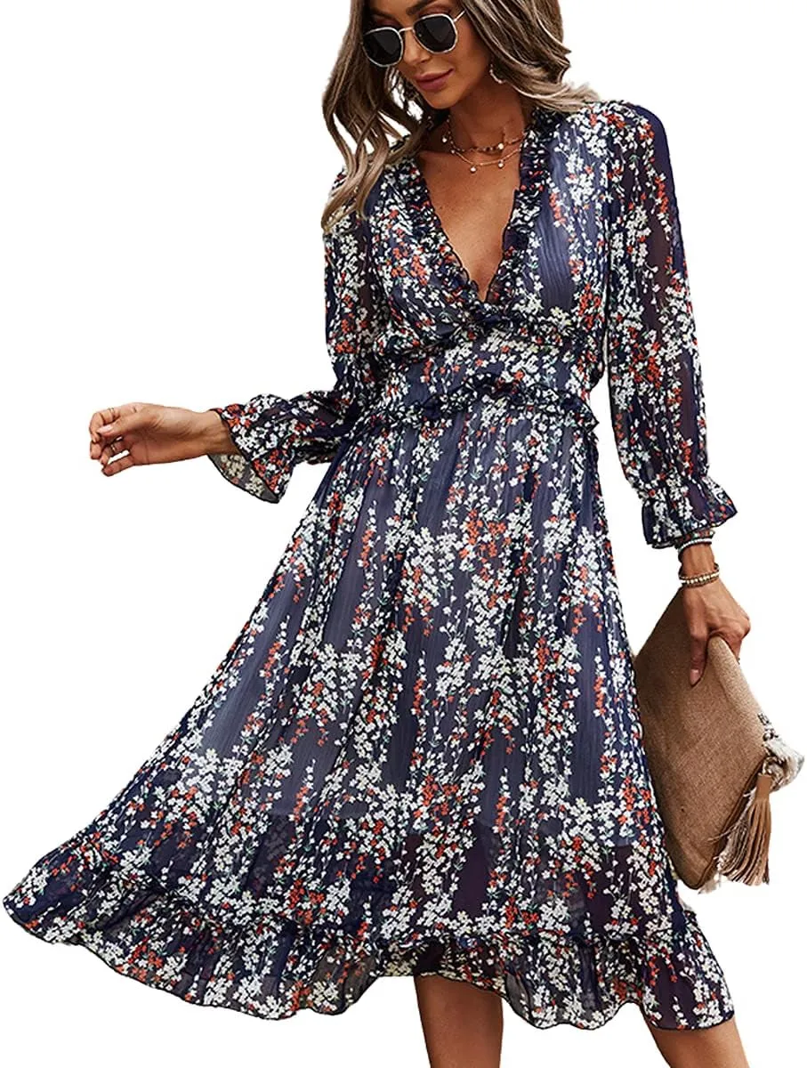 Womens Fall Spring Summer Sexy V Neck Ruffle Long Sleeve Short Sleeve Floral Print a Line Long Midi Dress