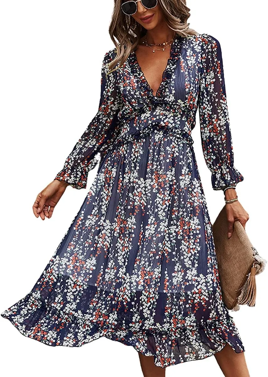 Womens Fall Spring Summer Sexy V Neck Ruffle Long Sleeve Short Sleeve Floral Print a Line Long Midi Dress