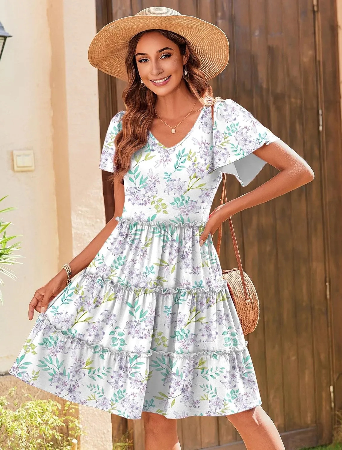 Zeagoo Summer Tiered Mini Dress with Pockets Ruffle Sleeve Dress