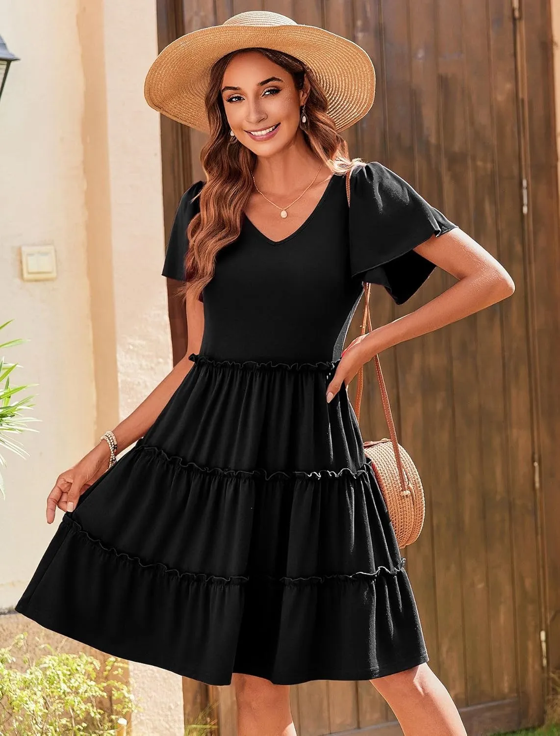 Zeagoo Summer Tiered Mini Dress with Pockets Ruffle Sleeve Dress