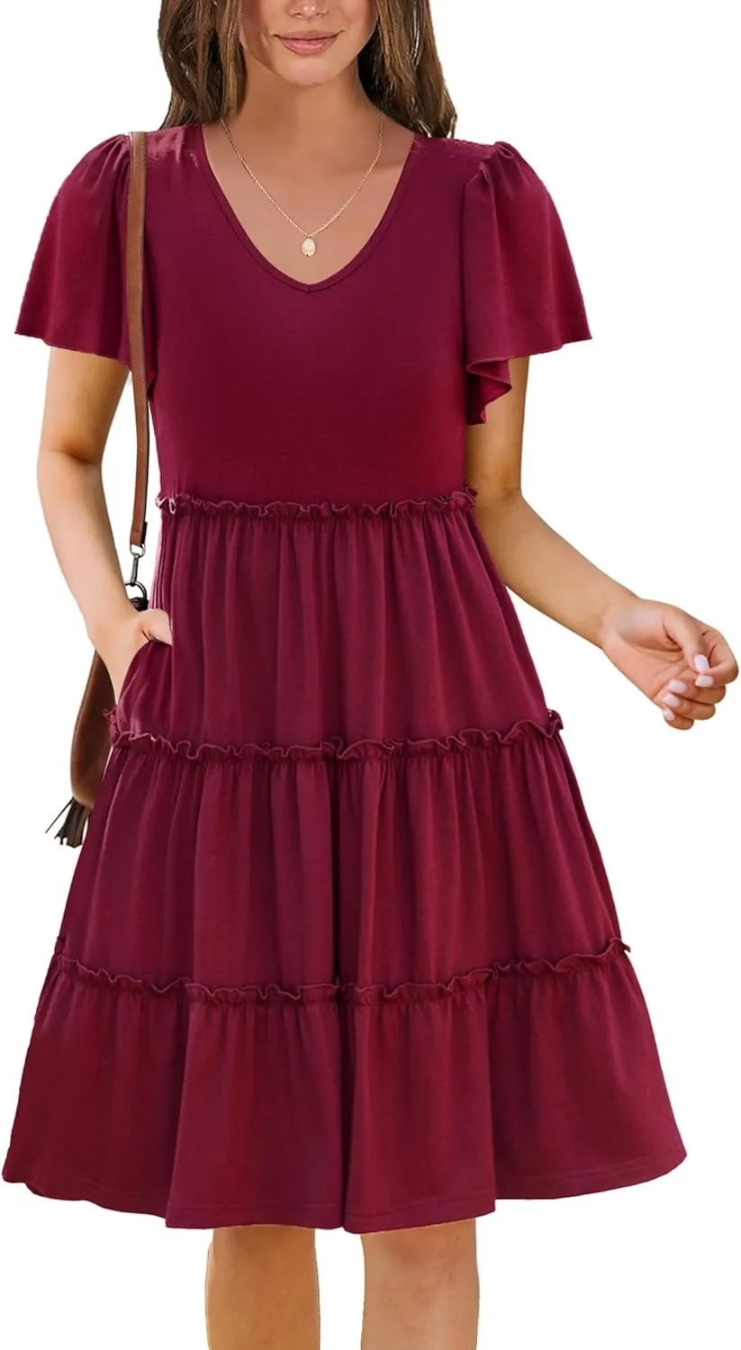 Zeagoo Summer Tiered Mini Dress with Pockets Ruffle Sleeve Dress