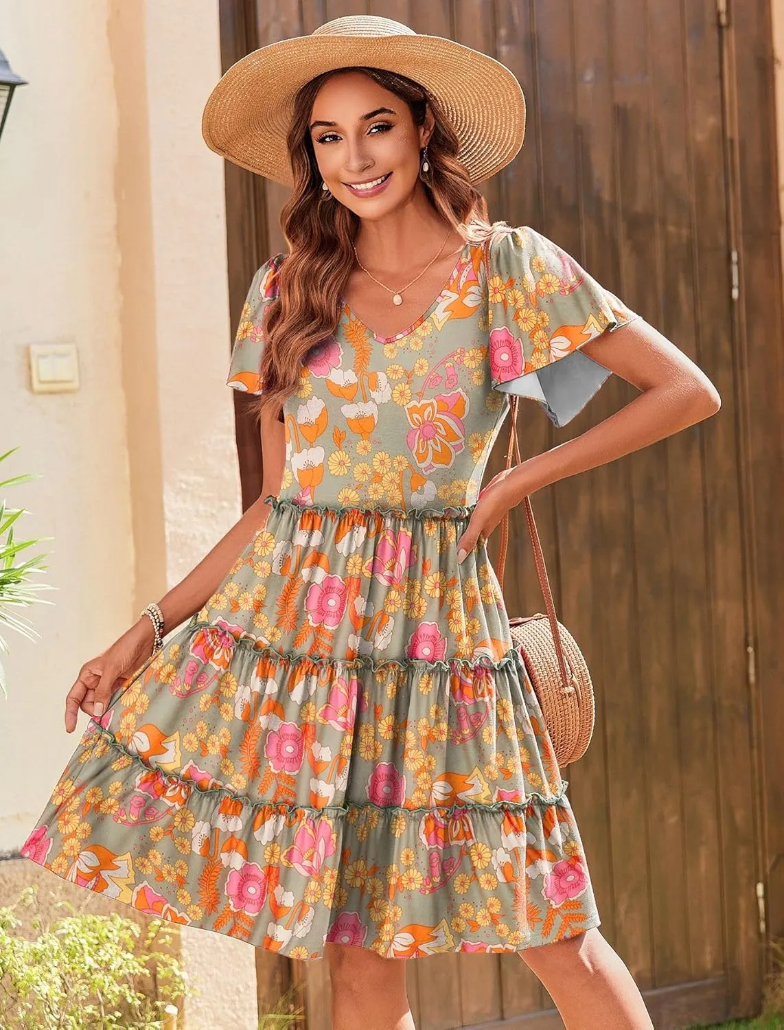 Zeagoo Summer Tiered Mini Dress with Pockets Ruffle Sleeve Dress