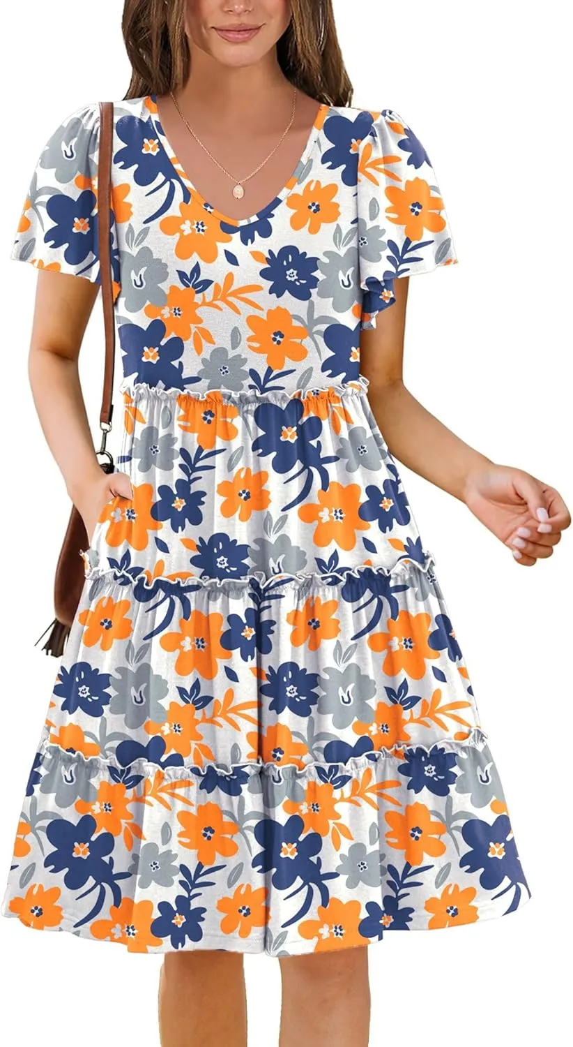 Zeagoo Summer Tiered Mini Dress with Pockets Ruffle Sleeve Dress