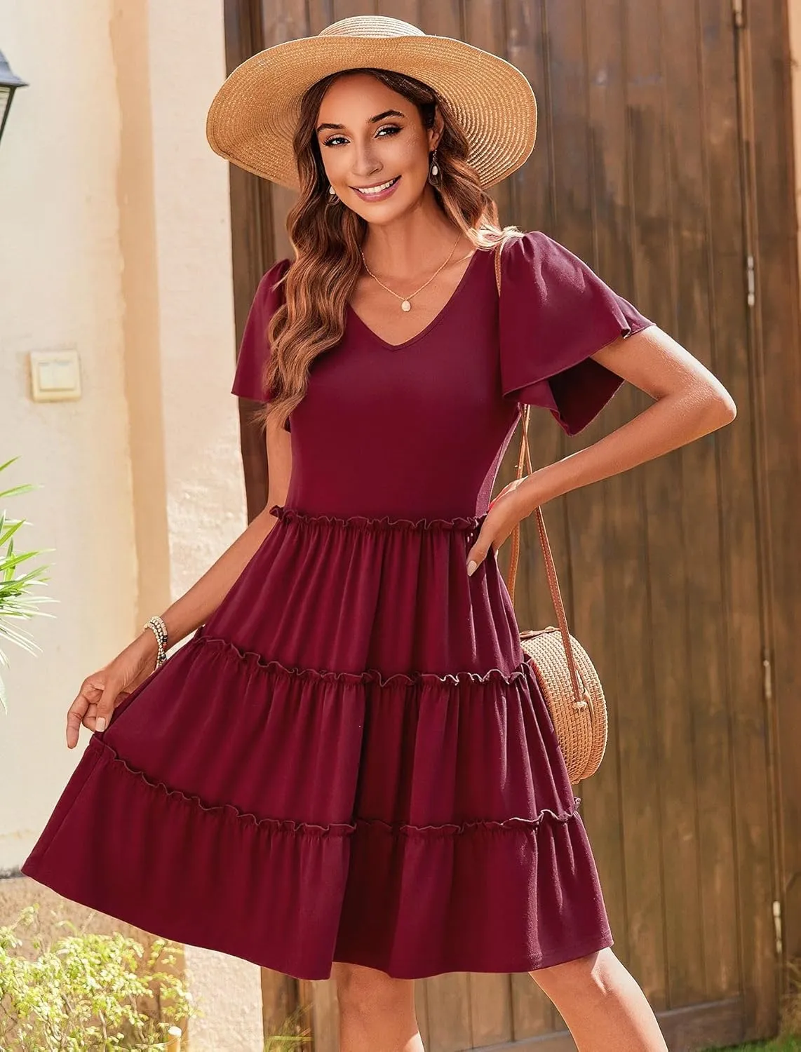 Zeagoo Summer Tiered Mini Dress with Pockets Ruffle Sleeve Dress