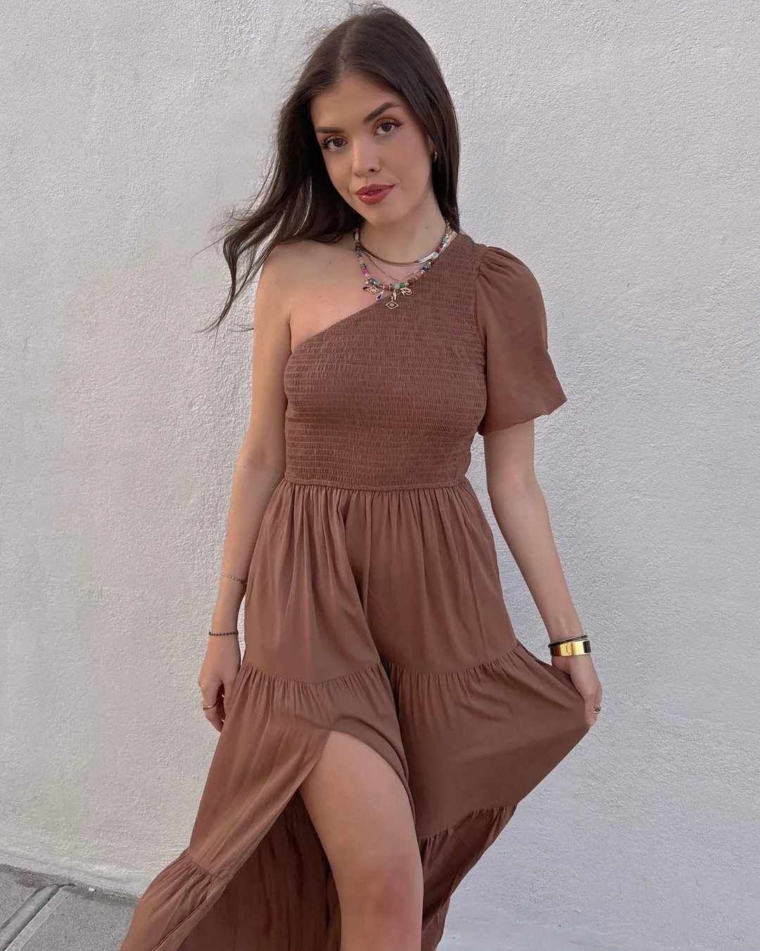 ZESICA Boho One Shoulder Smocked Swing Midi Dress